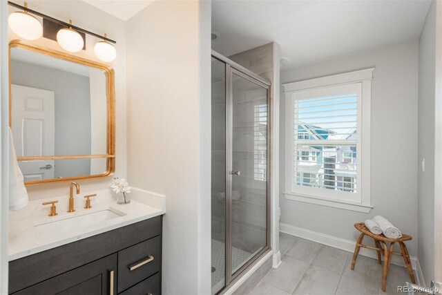 10252 E 58th Ave, Denver, CO 80238 - bathroom with vanity, a stall shower, and tile patterned floors