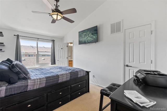 15612 E 96th Way Unit 21D, Commerce City, CO 80022 - bedroom with ceiling fan, light carpet, visible vents, and vaulted ceiling
