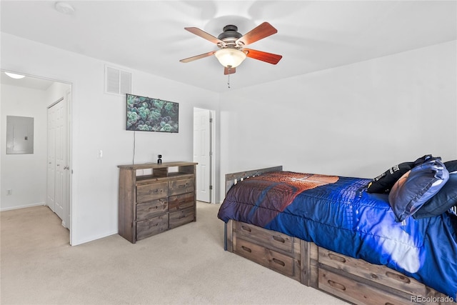 15612 E 96th Way Unit 21D, Commerce City, CO 80022 - bedroom featuring a ceiling fan, carpet, baseboards, visible vents, and electric panel