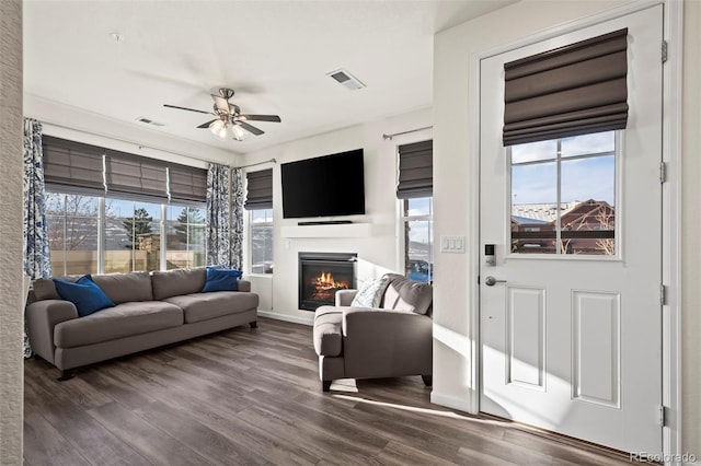 living room with ceiling fan and wood-type flooring