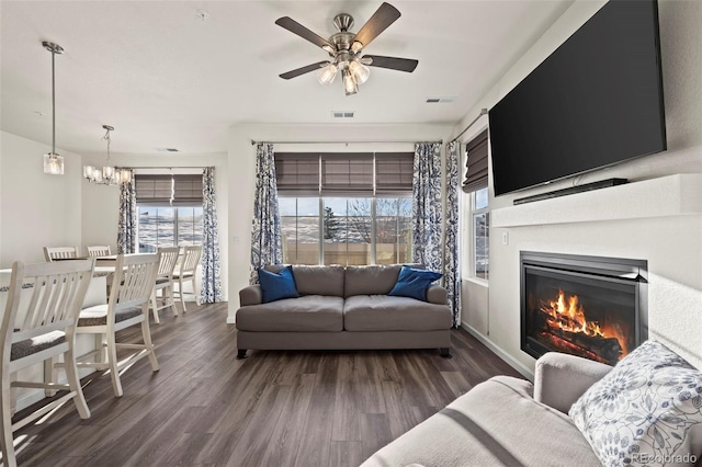 living room with ceiling fan with notable chandelier and dark hardwood / wood-style flooring