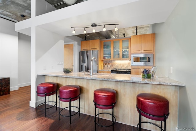 2100 16th St Unit 600, Denver, CO 80202 - kitchen featuring appliances with stainless steel finishes, a peninsula, light stone counters, and dark wood-style flooring