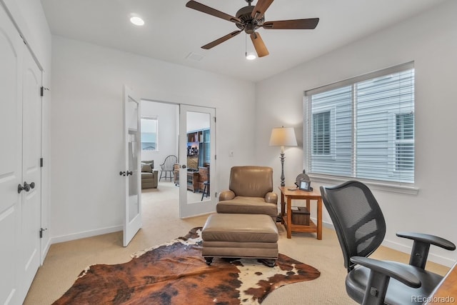 16550 Umatilla Pl, Broomfield, CO 80023 - office featuring ceiling fan, french doors, healthy amount of natural light, light carpet, and recessed lighting