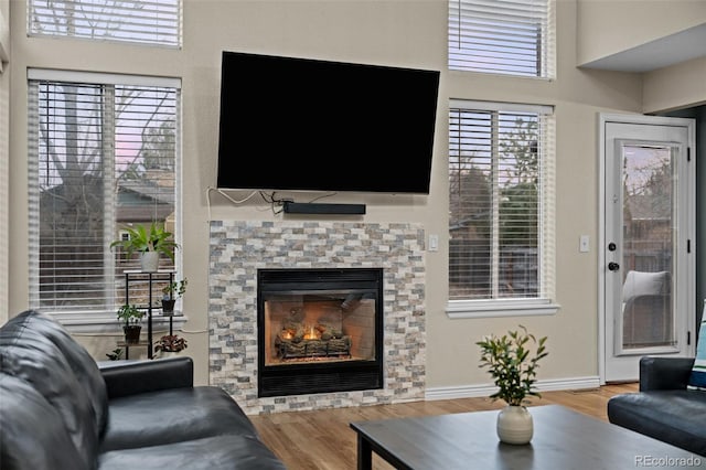 living area featuring a glass covered fireplace, baseboards, and wood finished floors