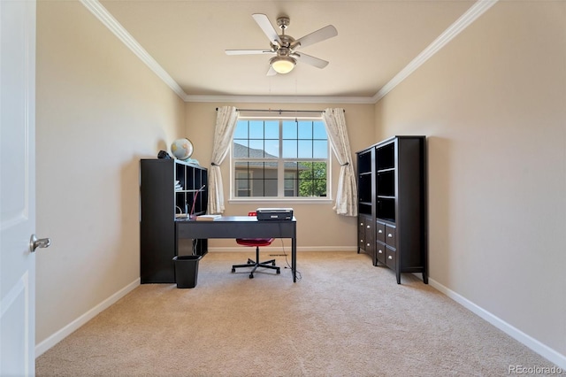 carpeted office space with ceiling fan and ornamental molding