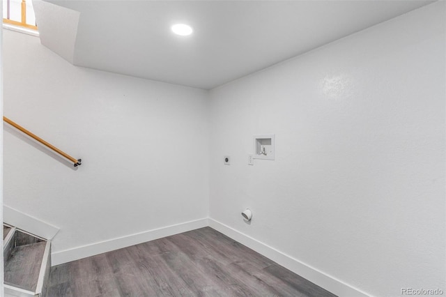 washroom with washer hookup, laundry area, baseboards, hookup for an electric dryer, and dark wood-style flooring