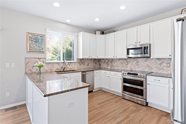 kitchen featuring white cabinetry, sink, kitchen peninsula, dark stone countertops, and appliances with stainless steel finishes