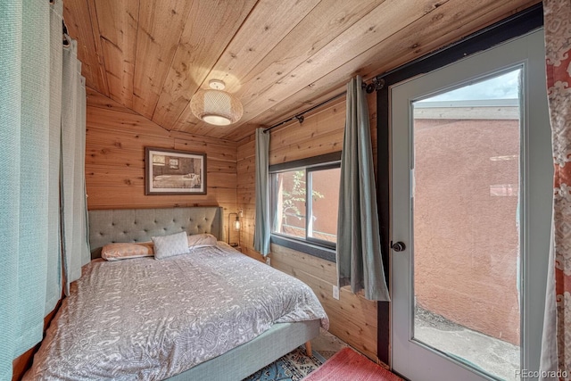 bedroom featuring wood walls, lofted ceiling, and wooden ceiling