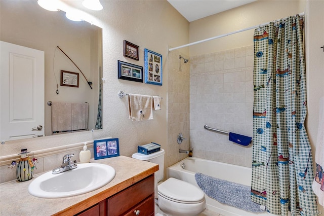 bathroom featuring toilet, a textured wall, vanity, and shower / bathtub combination with curtain