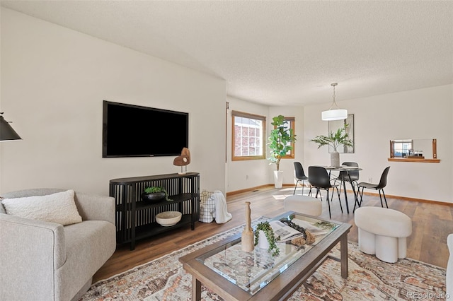 living room featuring a textured ceiling, baseboards, and wood finished floors