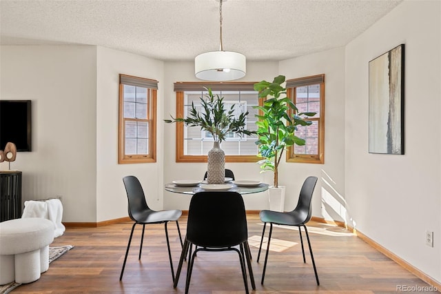 dining room featuring a textured ceiling, baseboards, and wood finished floors