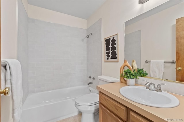 full bathroom with shower / washtub combination, tile patterned flooring, vanity, and toilet