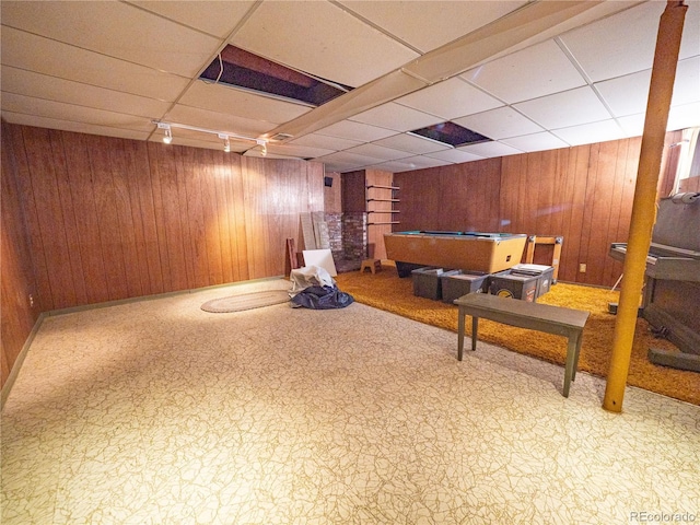 playroom featuring wood walls, a paneled ceiling, and billiards