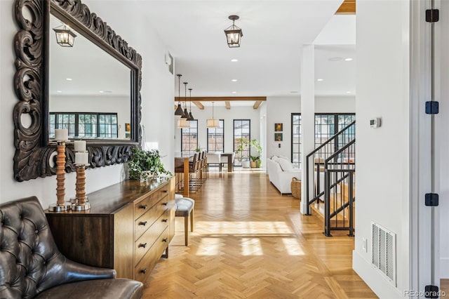 entrance foyer with recessed lighting and stairs