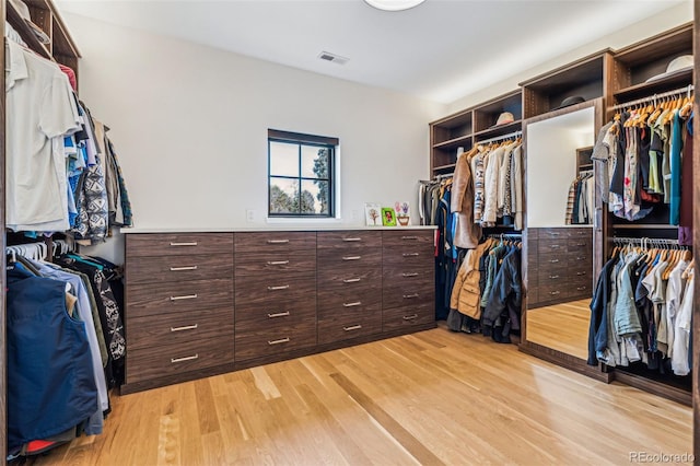 walk in closet with light wood-style floors
