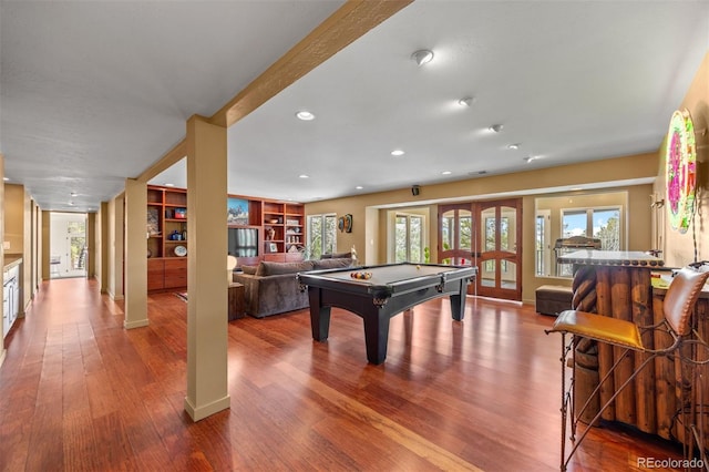 12653 Rancho Ct, Conifer, CO 80433 - game room featuring french doors, wood finished floors, billiards table, and recessed lighting