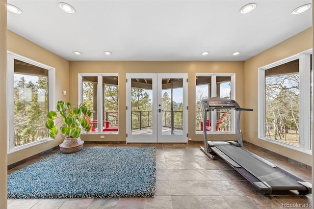 12653 Rancho Ct, Conifer, CO 80433 - workout room with french doors, healthy amount of natural light, and recessed lighting