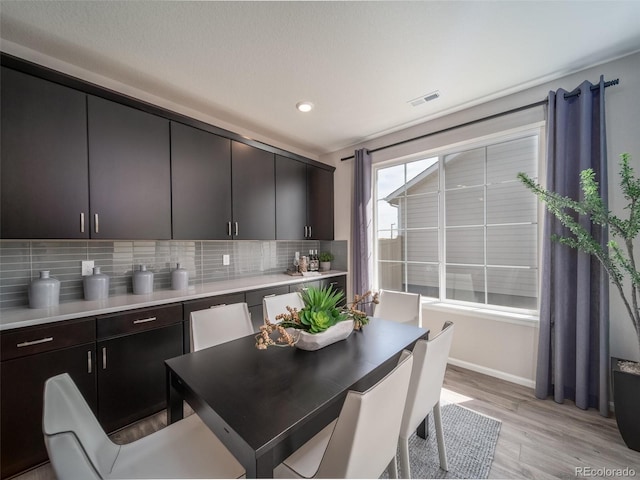 kitchen featuring tasteful backsplash, dark brown cabinets, and light hardwood / wood-style floors