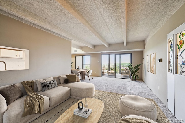 7865 E Mississippi Ave Unit 1504, Denver, CO 80247 - carpeted living area featuring a textured ceiling and beam ceiling