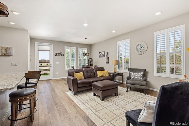 living room featuring light hardwood / wood-style flooring and a wealth of natural light