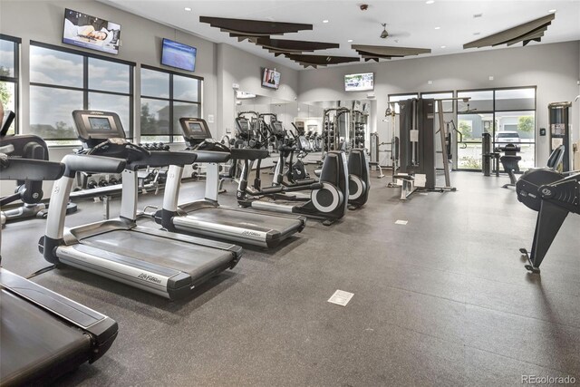 workout area featuring a towering ceiling