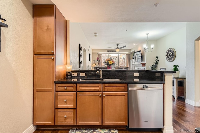9019 E Panorama Cir Unit D207, Englewood, CO 80112 - kitchen with stainless steel dishwasher, a sink, brown cabinetry, and dark wood-type flooring