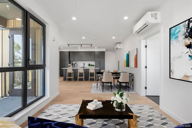 1601 Park Ave Unit 307, Denver, CO 80218 - living room with a wall mounted AC, light wood-type flooring, track lighting, and recessed lighting