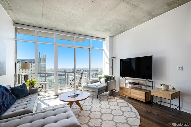 living room featuring expansive windows and dark wood-style flooring