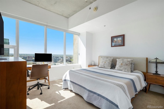 carpeted bedroom with an office area and baseboards
