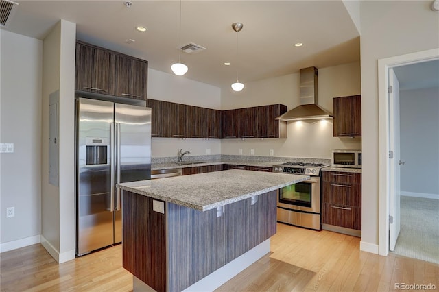 kitchen featuring visible vents, stainless steel appliances, dark brown cabinets, wall chimney range hood, and a sink