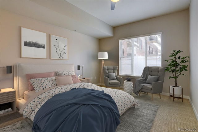 carpeted bedroom with ceiling fan and baseboards