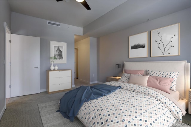 bedroom featuring carpet floors, visible vents, ceiling fan, and baseboards