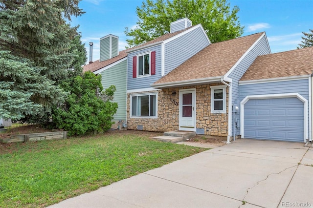 19421 E Milan Cir, Aurora, CO 80013 - view of front of home with a chimney, an attached garage, concrete driveway, a front lawn, and roof with shingles