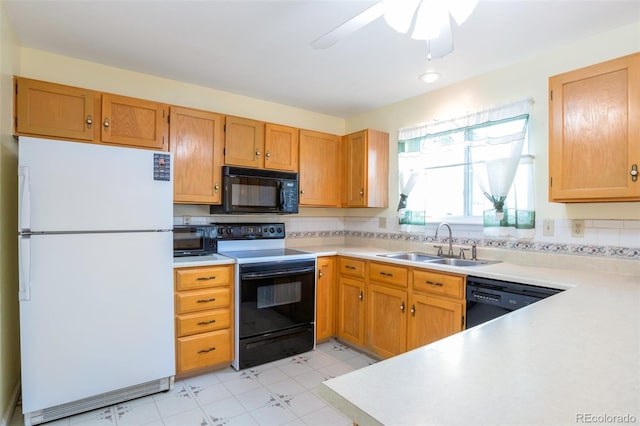 19421 E Milan Cir, Aurora, CO 80013 - kitchen with black appliances, a sink, light countertops, ceiling fan, and light floors