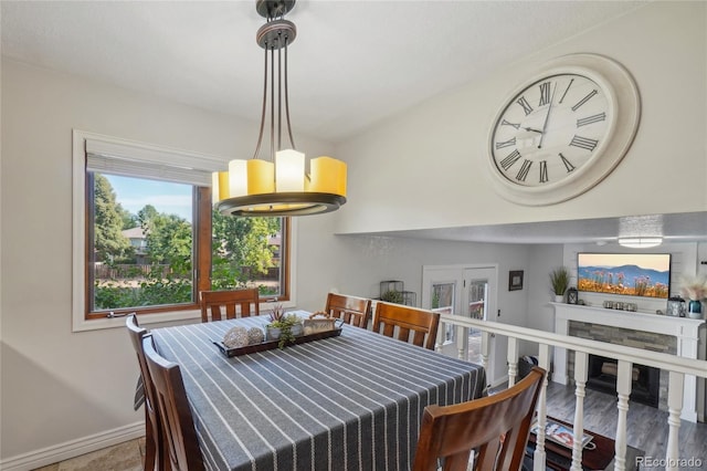 dining room with a fireplace and hardwood / wood-style floors