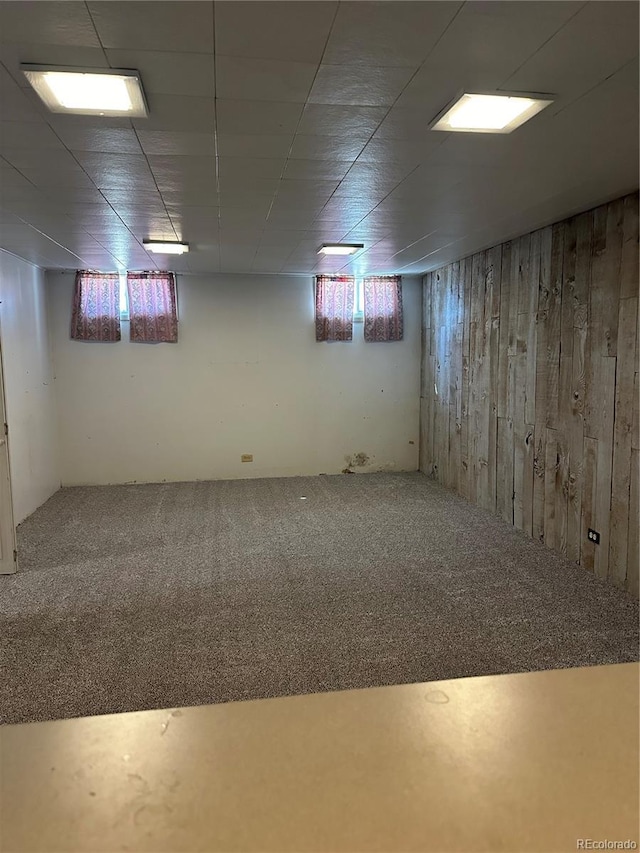 basement with carpet and wood walls