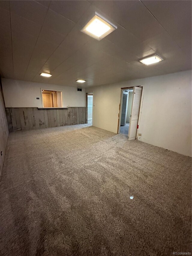 finished below grade area with wainscoting, visible vents, and carpet