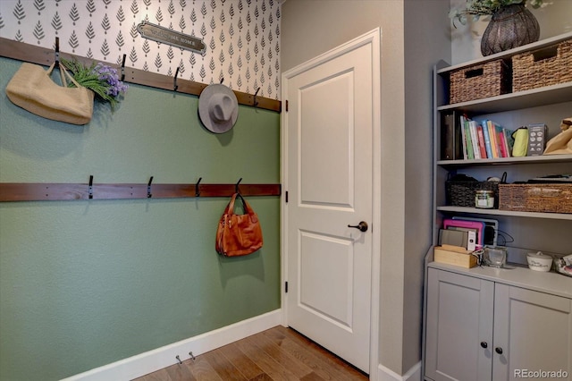 mudroom featuring baseboards and wood finished floors