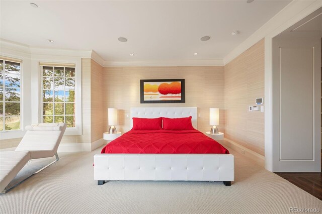 67 Indigo Way, Castle Rock, CO 80108 - bedroom featuring baseboards, ornamental molding, and carpet