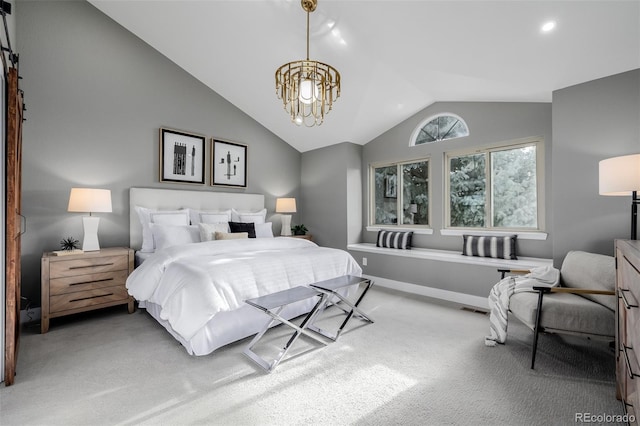 carpeted bedroom with vaulted ceiling and a notable chandelier