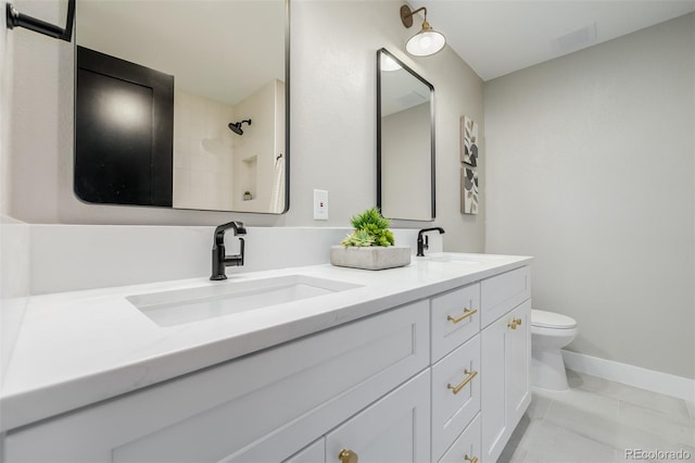 bathroom with walk in shower, vanity, toilet, and tile patterned flooring