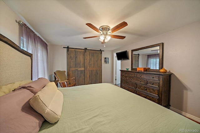 6936 S Knolls Way, Centennial, CO 80122 - bedroom with a barn door and a ceiling fan