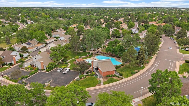 6936 S Knolls Way, Centennial, CO 80122 - aerial view of property's location featuring nearby suburban area and a pool area