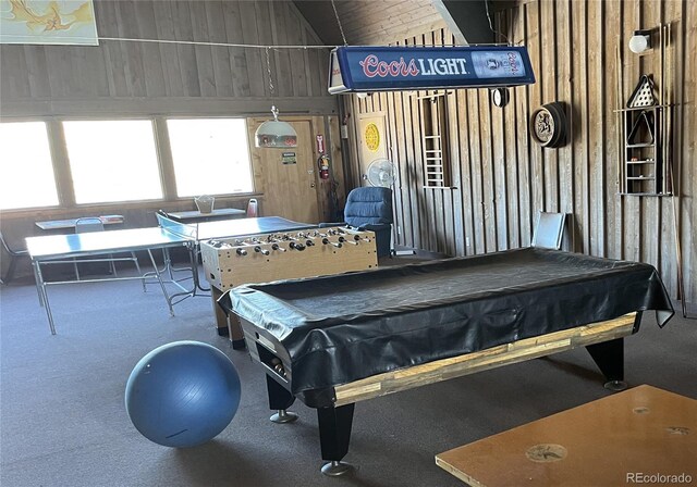 playroom featuring lofted ceiling, pool table, and carpet floors