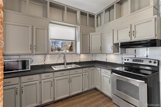 kitchen with gray cabinets, sink, stainless steel range with electric cooktop, and dark hardwood / wood-style floors