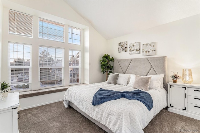 bedroom featuring carpet floors and lofted ceiling