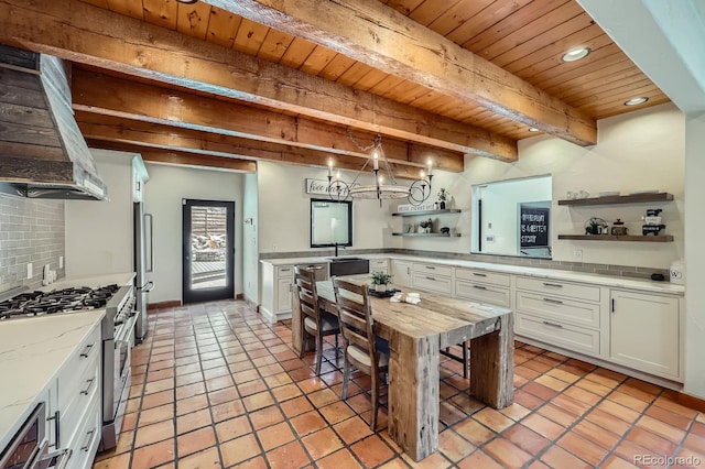 kitchen with open shelves, stainless steel appliances, recessed lighting, wooden ceiling, and beamed ceiling