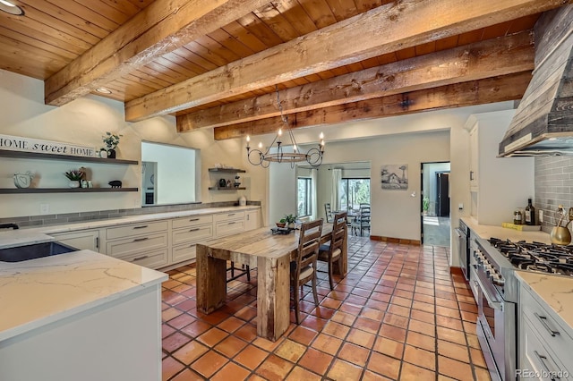 kitchen featuring open shelves, high end range, wood ceiling, and white cabinetry