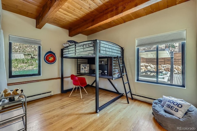 bedroom featuring wood finished floors, beam ceiling, multiple windows, and wooden ceiling