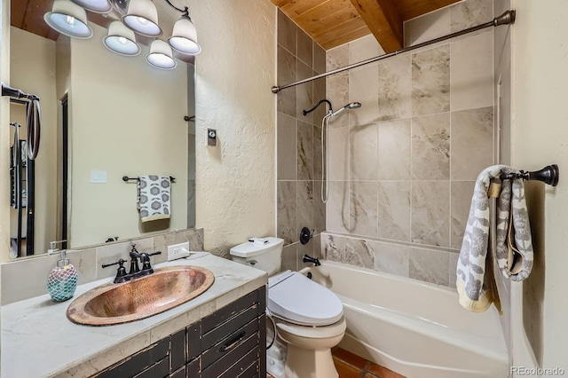 bathroom featuring wood ceiling, shower / tub combination, vanity, toilet, and a textured wall